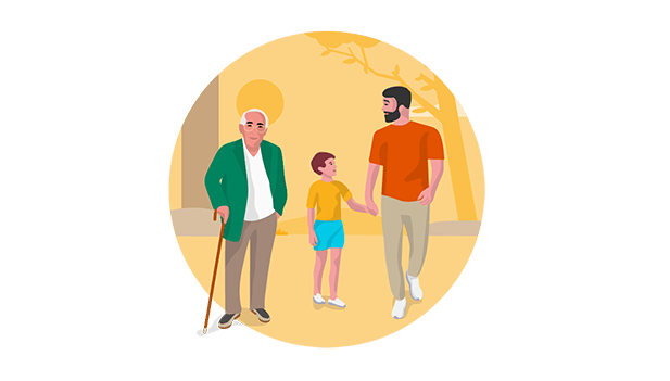 illustration of 3 generations out for a walk 0 grandfather, father and young son