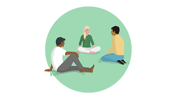 illustration of 3 people sitting on grass talking