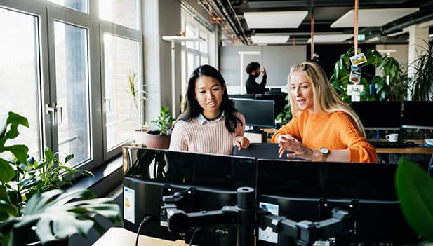 Female colleagues collaborating at computer screen