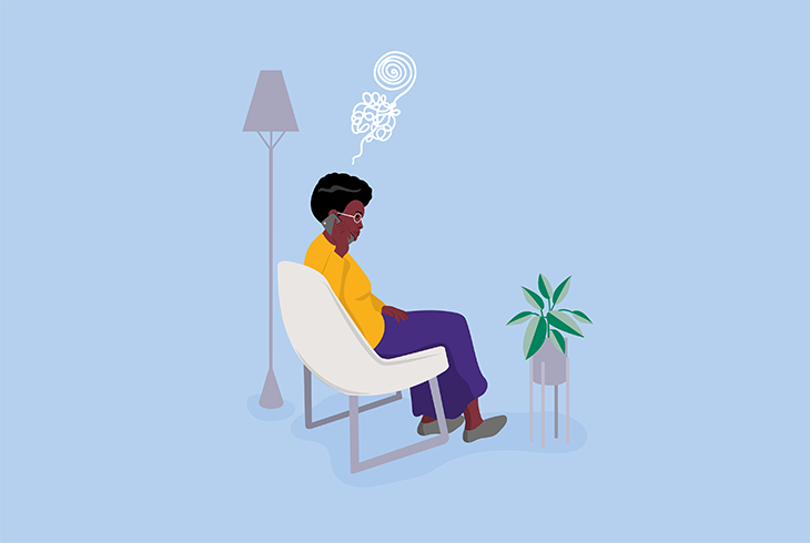 illustration of a lady on a phone consultation at home