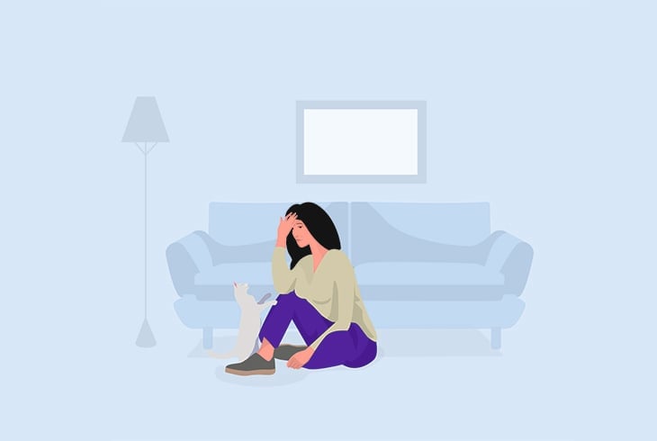 illustration of woman sitting on the floor by sofa