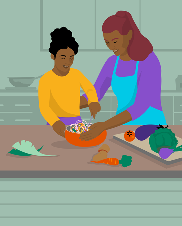 Illustration of mother and daughter cooking