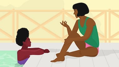 illustration of 2 ladies sitting by a pool