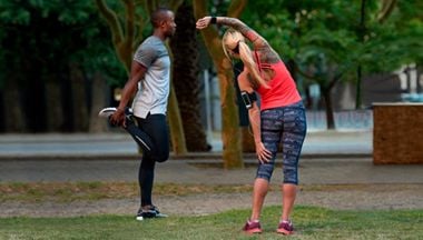 Two people exercising