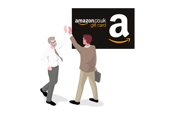 illustration of 2 men giving a high-five in front of an amazon voucher