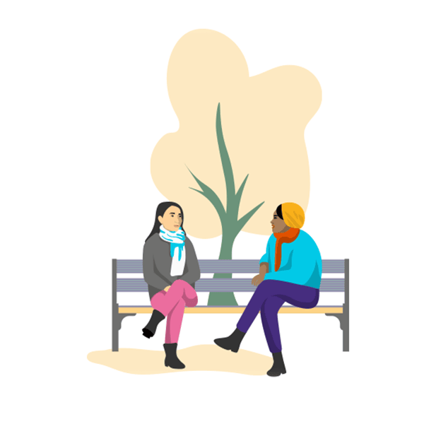 illustration of ladies sitting talking on park bench in winter