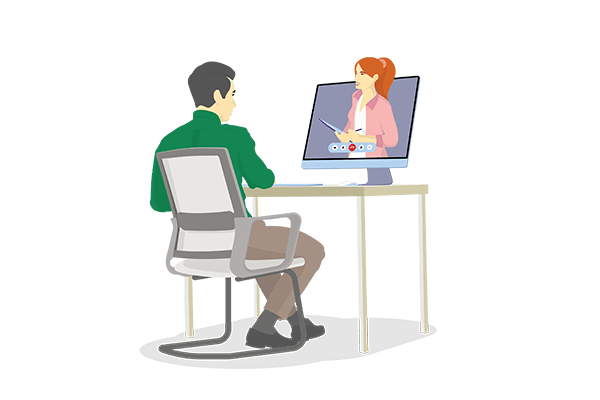 illustration of man on virtual GP call via desktop computer