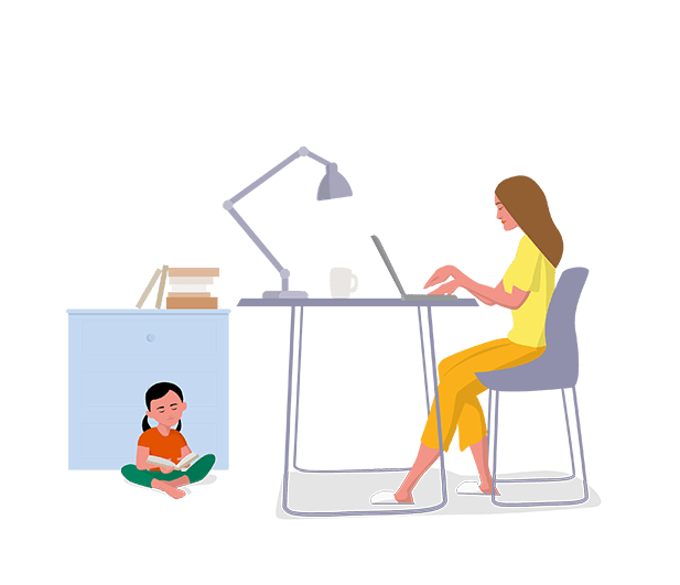 illustration of a woman in a home office with daughter playing